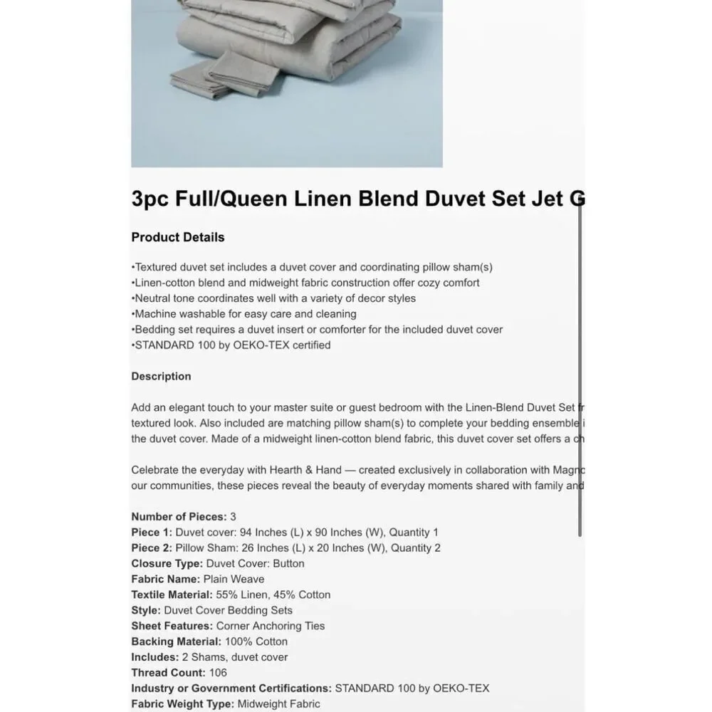 Hearth & Hand Linen Blend Jet Grey Bed Duvet Cover Set